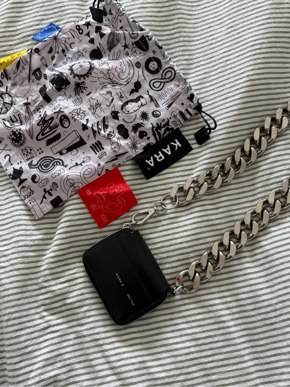 KARA Black Leather Mini Crossbody Card Wallet with Silver Chain